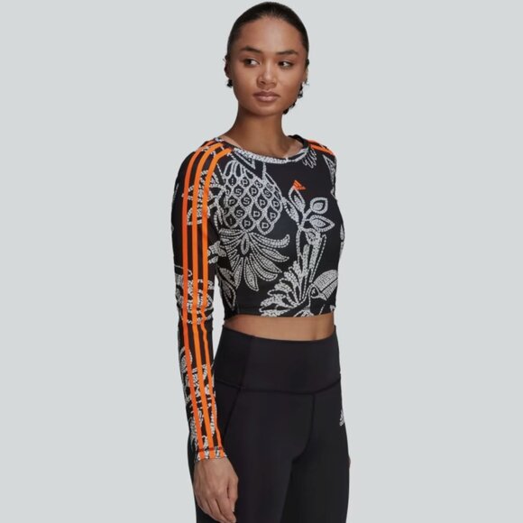 NWT Adidas X Farm Rio Crop Top Long Sleeve Aeroready Floral Black White S - Picture 2 of 14